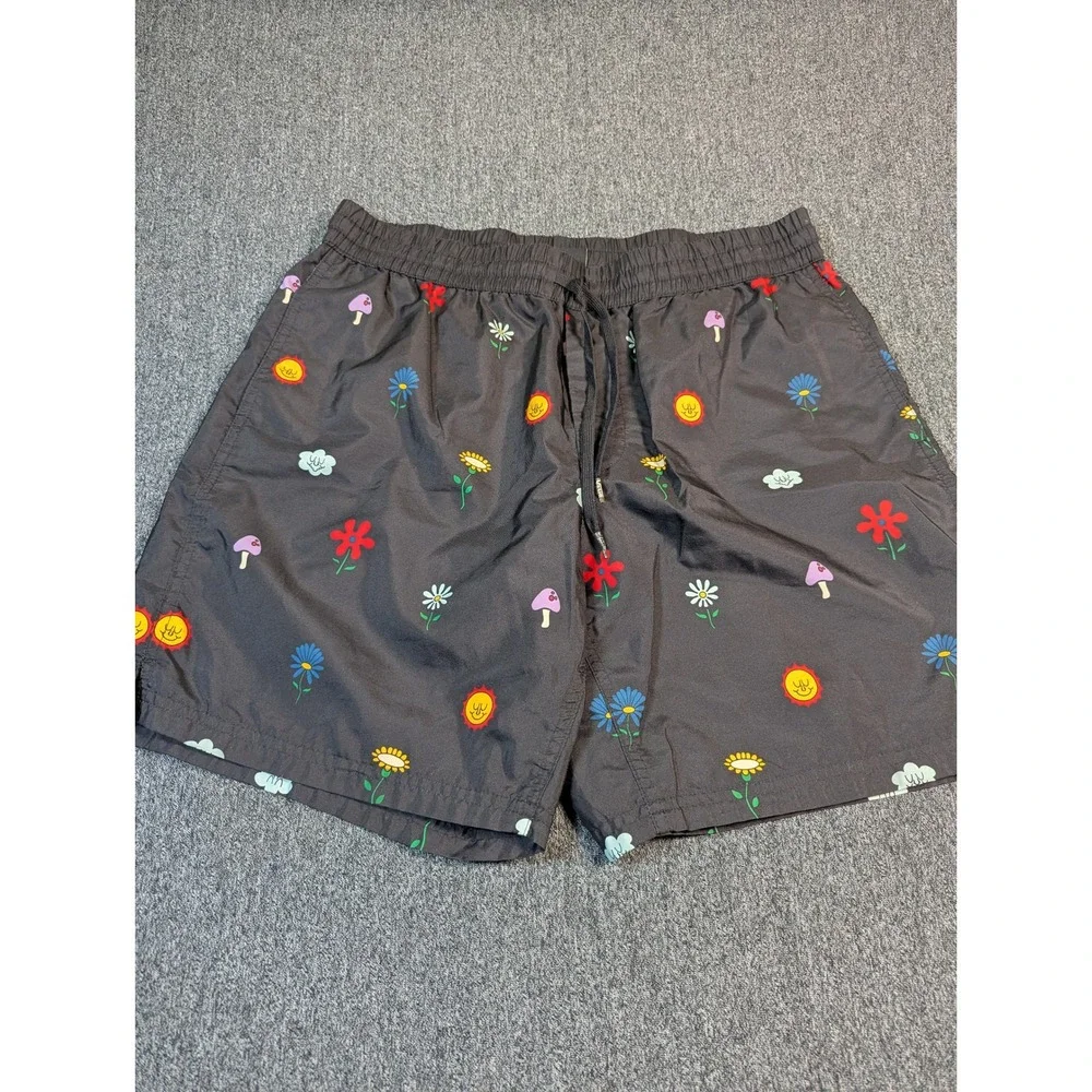 Vans Mens Large Black Mushroom Flower Sun Print Elastic Waist Mesh Lined Shorts